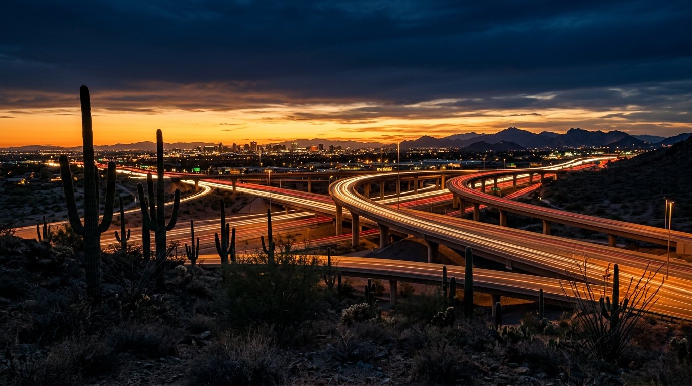 A desert highway interchange near Phoenix at dusk