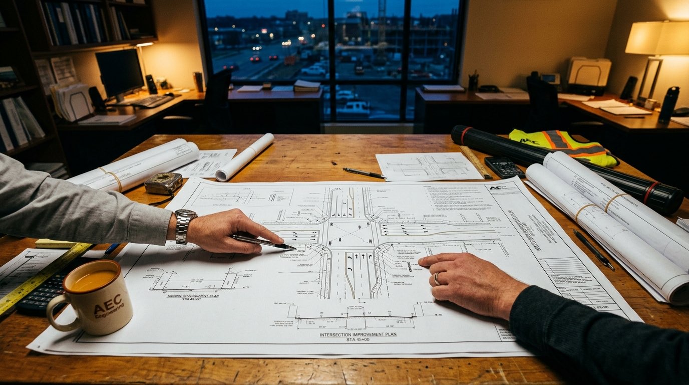 Roadway plan sheets spread on a table with hands pointing at an intersection diagram