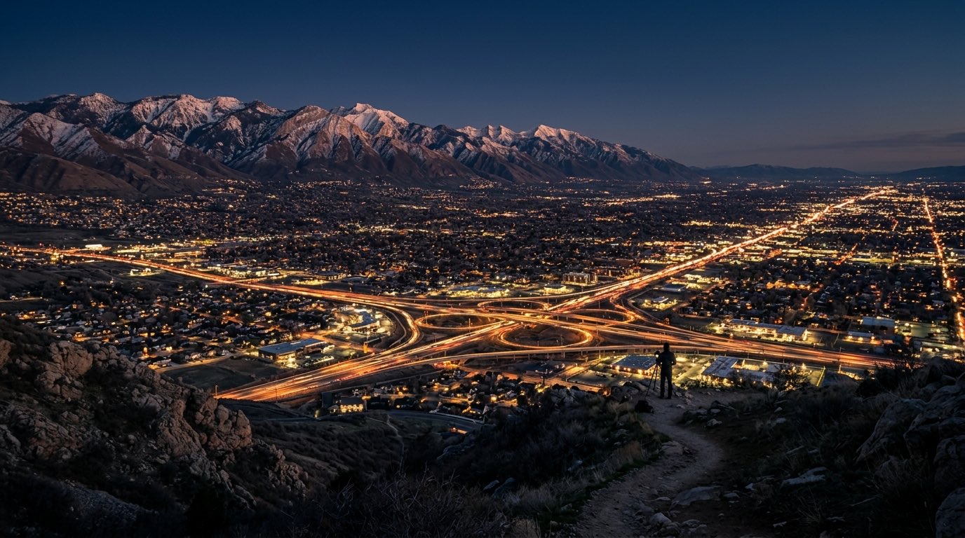 Illustrative concept image: the Salt Lake valley at dusk with an illuminated freeway interchange and the Wasatch Mountains behind it